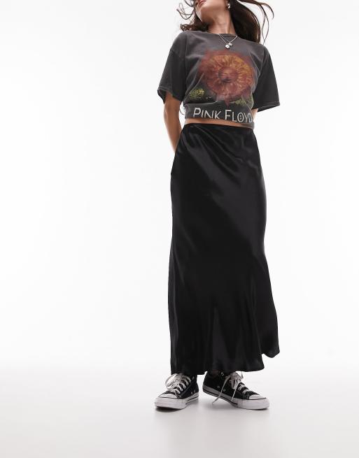 Topshop - Gonna midi in raso nero con taglio asimmetrico