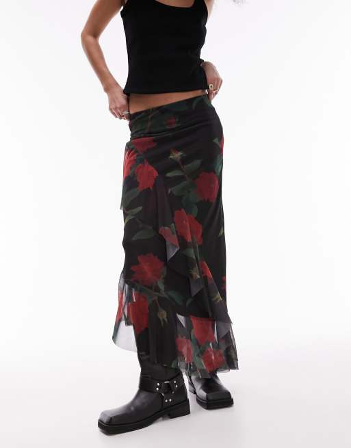 Topshop - Gonna midi in rete asimmetrica con stampa di rose e volant