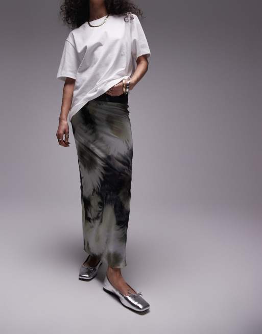 Topshop - Gonna midi in rete con stampa monocromatica a fiori sfocata