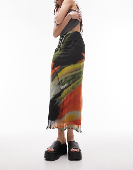 Topshop - Gonna midi in rete multicolore con stampa di schizzi 