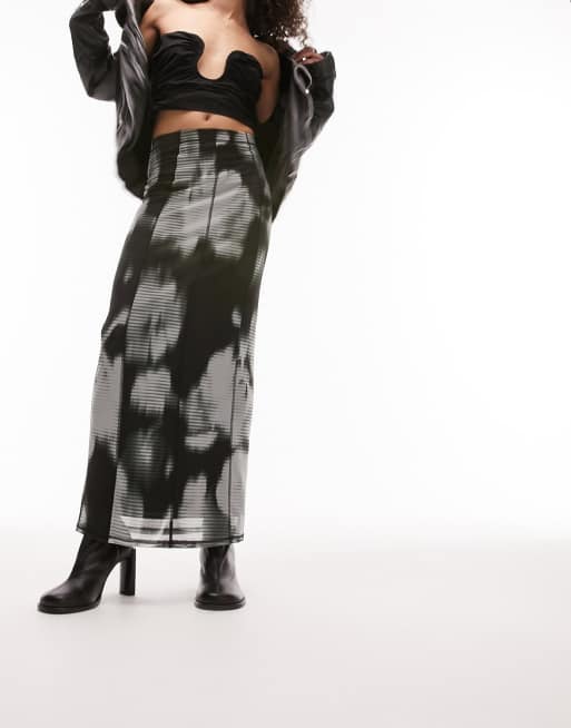Topshop - Gonna midi in tessuto a rete con stampa floreale sfumata monocromatica