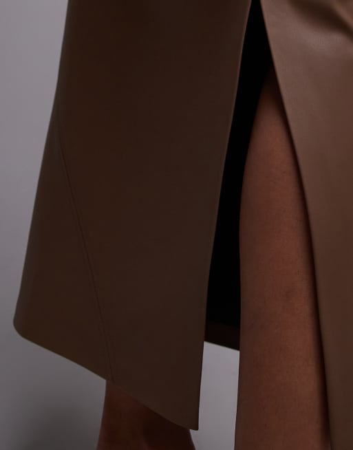 Topshop - Gonna midi liscia in pelle sintetica color caffè, 2 di 5