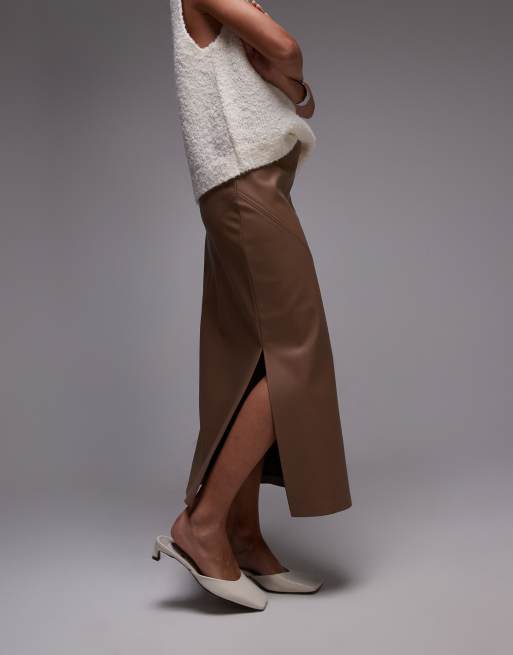 Topshop - Gonna midi liscia in pelle sintetica color caffè, 3 di 5