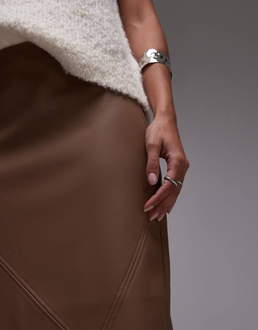 Topshop - Gonna midi liscia in pelle sintetica color caffè, 5 di 5