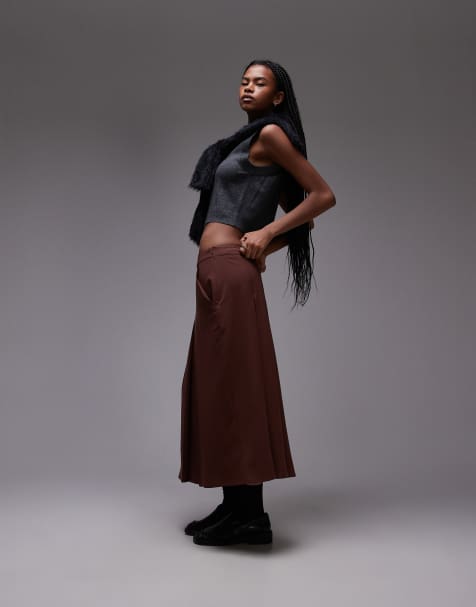 Topshop - Gonna midi marrone con pieghe a cannoncino - view 1