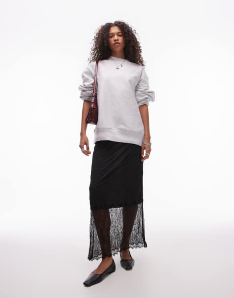 Topshop - Gonna midi nera stropicciata con orlo in pizzo - view 1