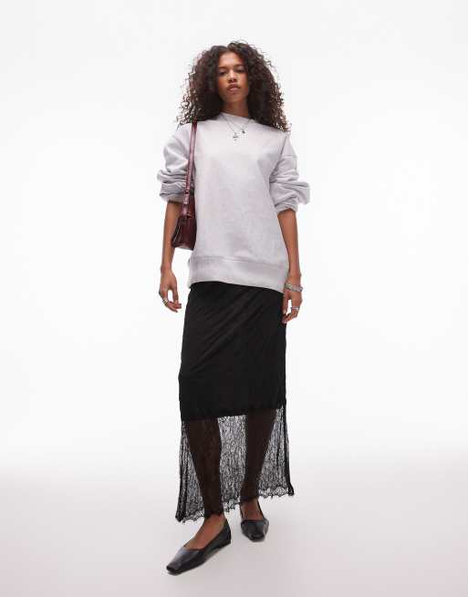 Topshop - Gonna midi nera stropicciata con orlo in pizzo