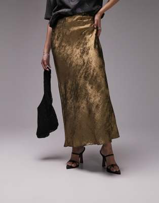 Topshop - Gonna midi oro metallizzato con taglio sbieco