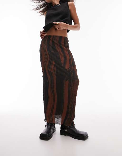 Topshop - Gonna midi plissé testurizzata color ruggine con stampa a righe arrotondate