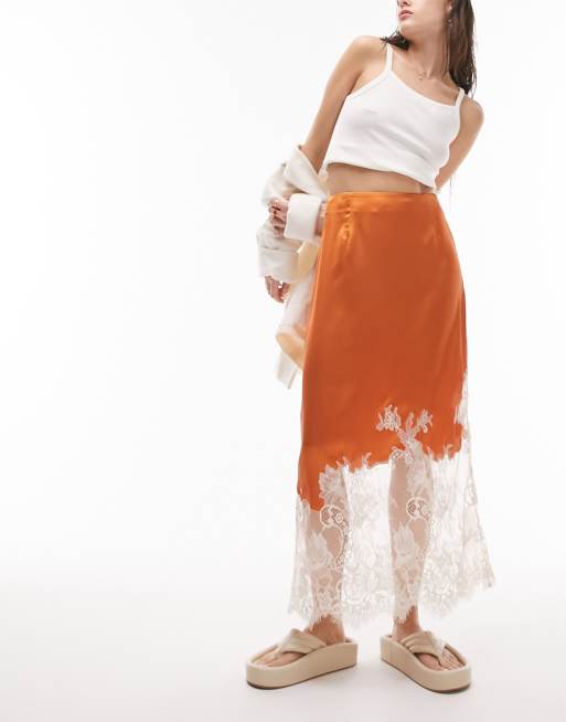 Topshop - Gonna midi premium color ruggine con inserti in pizzo  