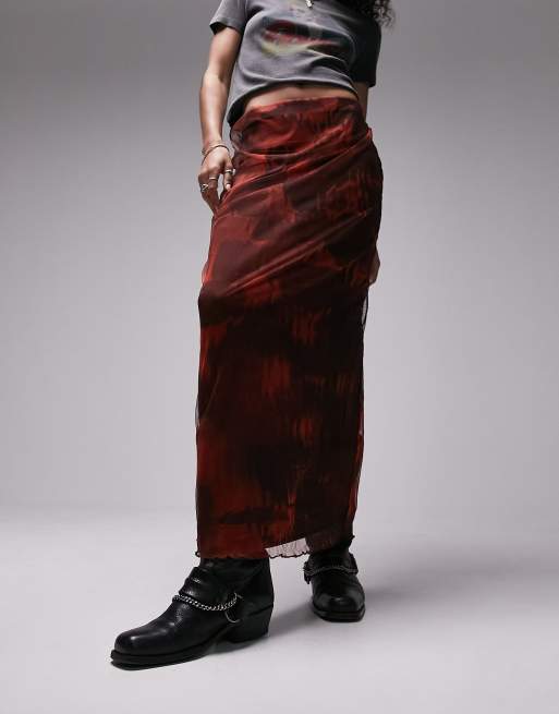 Topshop - Gonna midi rossa a fiori sfocati stropicciata 