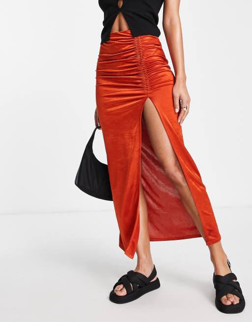 Topshop - Gonna midi sinuosa con arricciature laterali arancione bruciato