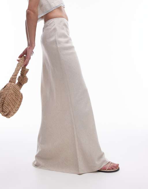 Topshop - Gonna midi taglio sbieco in lino neutro