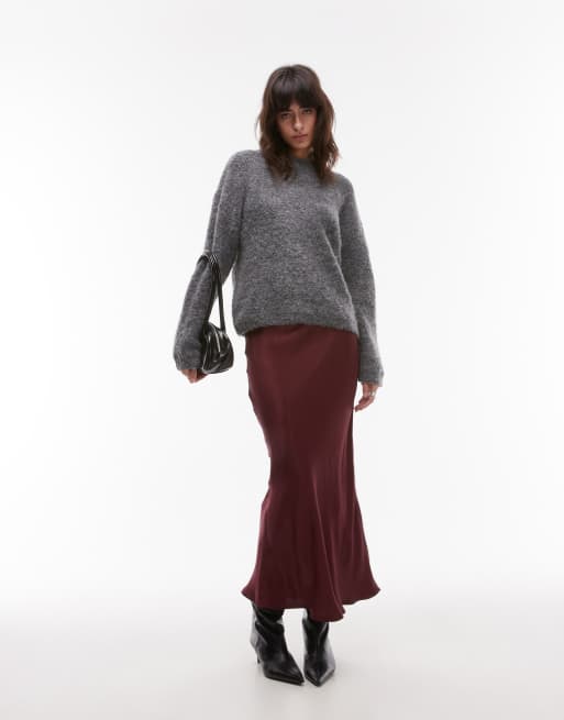 Topshop - Gonna midi taglio sbieco in raso bordeaux