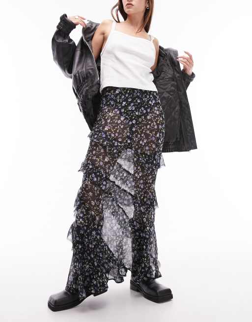 Topshop - Gonna midi trasparente a fiori blu con volant in coordinato