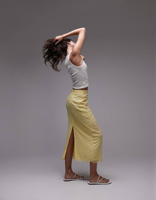 Topshop - Gonna midi trasparente color latticello con fiori ricamati, 5 di 5