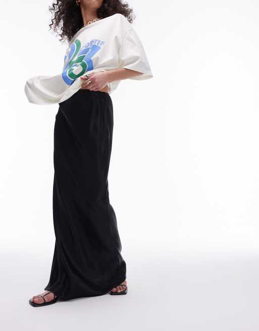 Topshop - Gonna nera in raso lunga con taglio sbieco