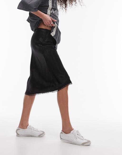 Topshop - Gonna taglio anni '90 nera con dettaglio stile slip in vita e finiture in pizzo