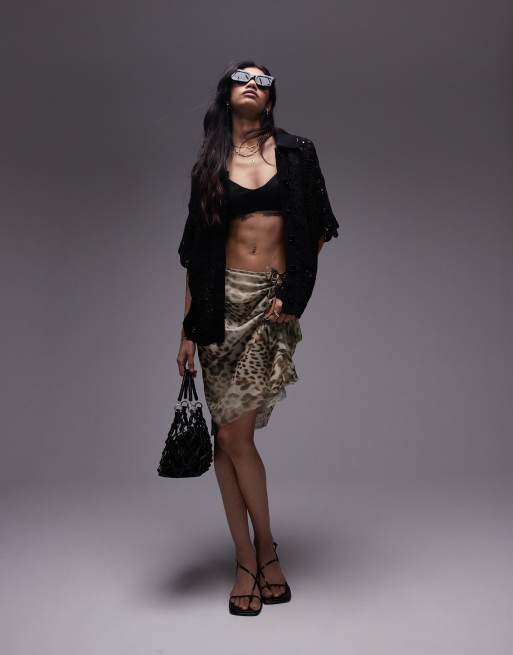 Topshop - Gonna trasparente arricciata con volant sul lato lunghezza anni '90 con stampa leopardata
