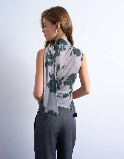 Topshop – Grå, blommig topp i mesh med asymmetrisk scarfdetalj, 3 av 4