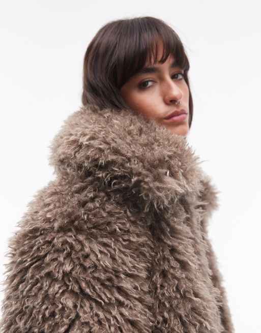Topshop - Grå bomber-frakke i langhåret og imiteret pels, 3 af 4