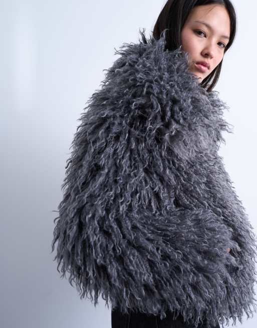 Topshop - Grå bomber-frakke i langhåret og imiteret pels, 3 af 4