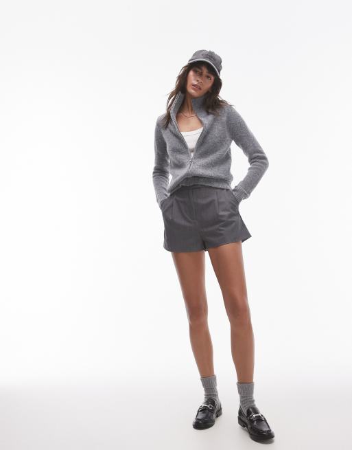 Topshop - Grå cardigan med gennemgående lynlås i vamset strik, 3 af 4