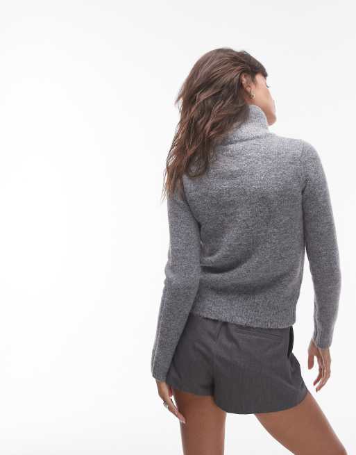 Topshop - Grå cardigan med gennemgående lynlås i vamset strik, 4 af 4