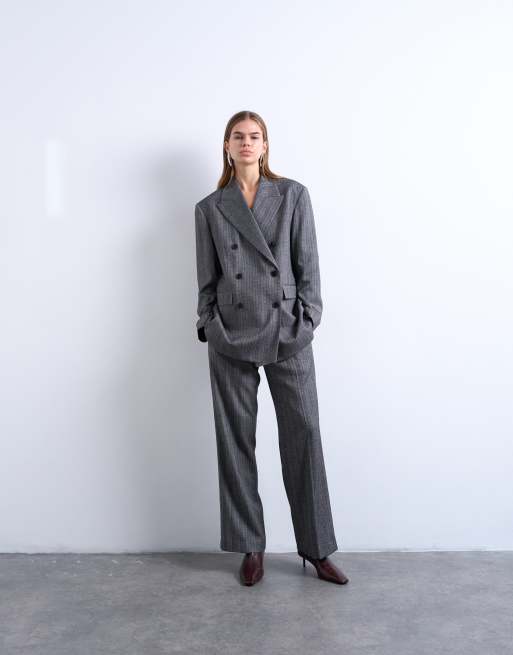 Topshop - Grå dobbeltradet smoking-blazer med 6 knapper, striber og sildebensmønster, 2 af 4