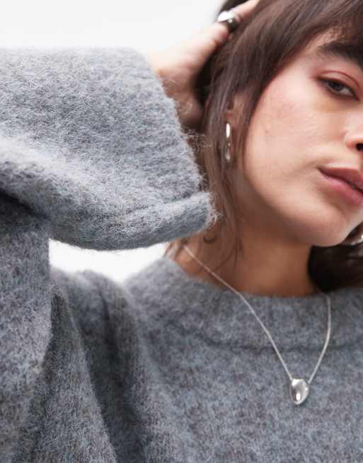 Topshop - Grå, firkantet og lodden striktrøje med rund hals, 3 af 4