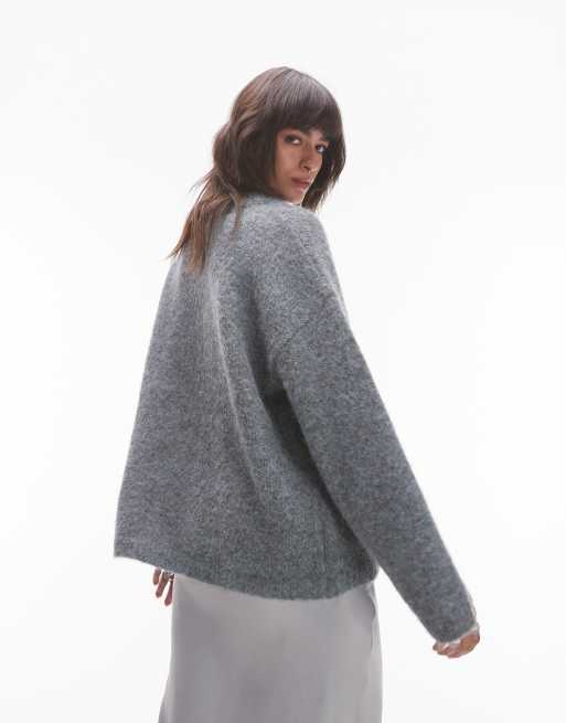Topshop – Grå, fluffigt stickad tröja i boxig oversize-passform med rund halsringning, 2 av 4