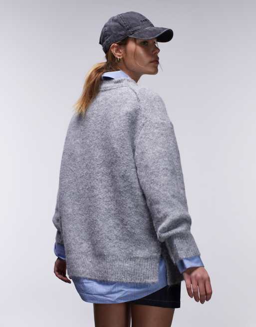 Topshop – Grå, fluffigt stickad tröja i oversize med rund halsringning och synlig söm, 3 av 4
