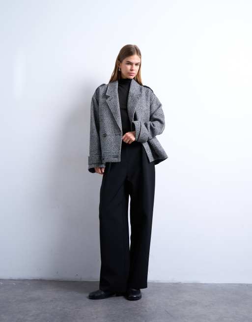 Topshop - Grå formel dobbeltradet bomber-jakke med uld i 80'er-stil, 2 af 4