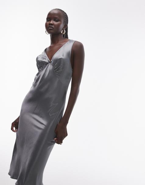 Topshop – Grå, halvlång slipklänning i vintagestil - view 1