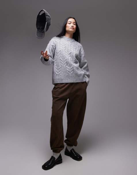 Topshop – Grå, kabelstickad, fluffig tröja i oversize - view 1
