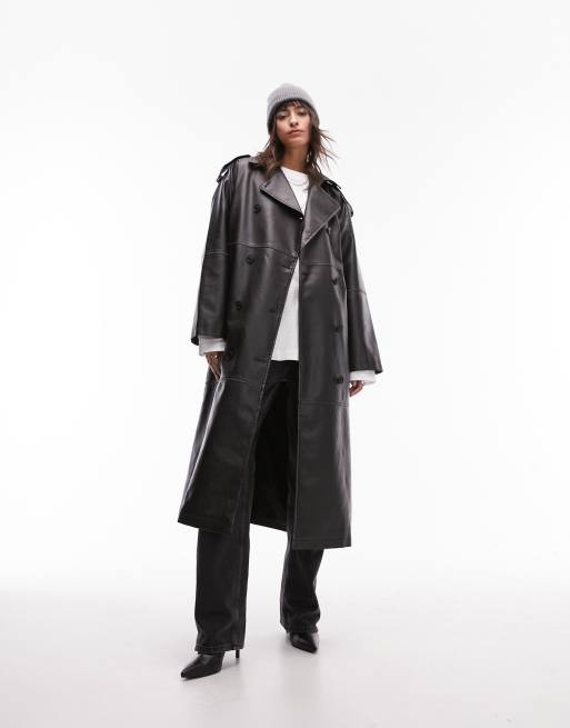 Topshop – Grå, lång trenchcoat i tvättad läderimitation, 2 av 4