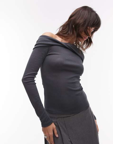 Topshop – Grå off shoulder-topp med snurrad detalj - view 1