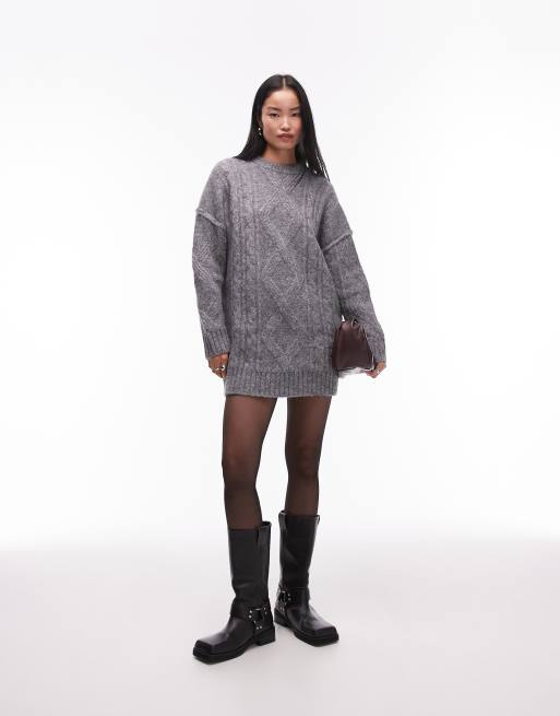 Topshop - Grå og oversized minikjole i kanelstrik med diamantmønster