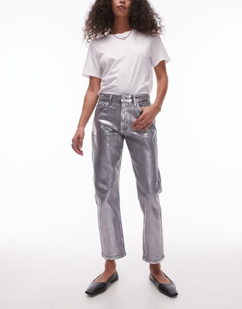 Topshop – Grå, raka, silverfolierade jeans i kort design med medelhög midja - view 1