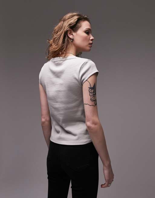 Topshop – Grå, ribbad, smal t-shirt med v-ringning, 2 av 4