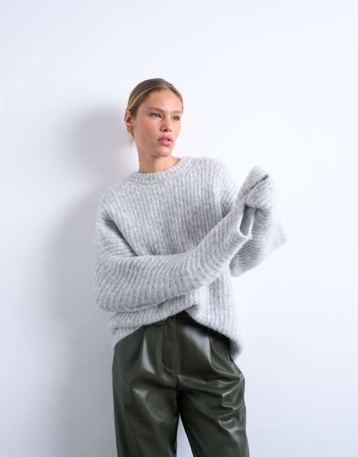 Topshop – Grå, ribbstickad tröja med ballongärmar