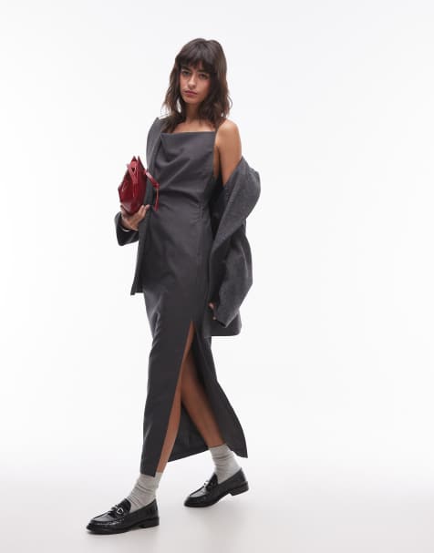 Topshop - Grå skræddersyet slip-midikjole med vandfaldsudskæring - view 1