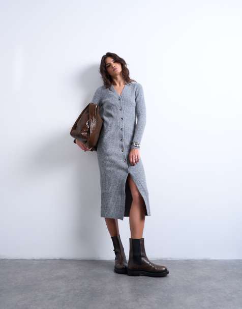 Topshop – Grå, stickad midiklänning med koftdesign - view 1