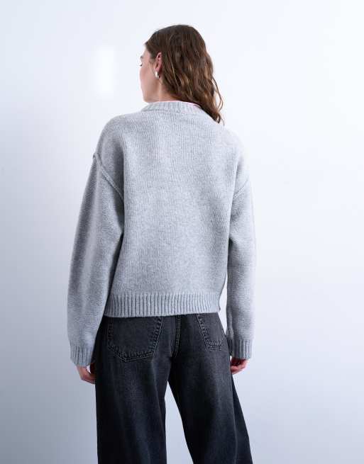 Topshop – Grå, stickad tröja med boxig passform, rund halsringning och vida ärmar, 2 av 4