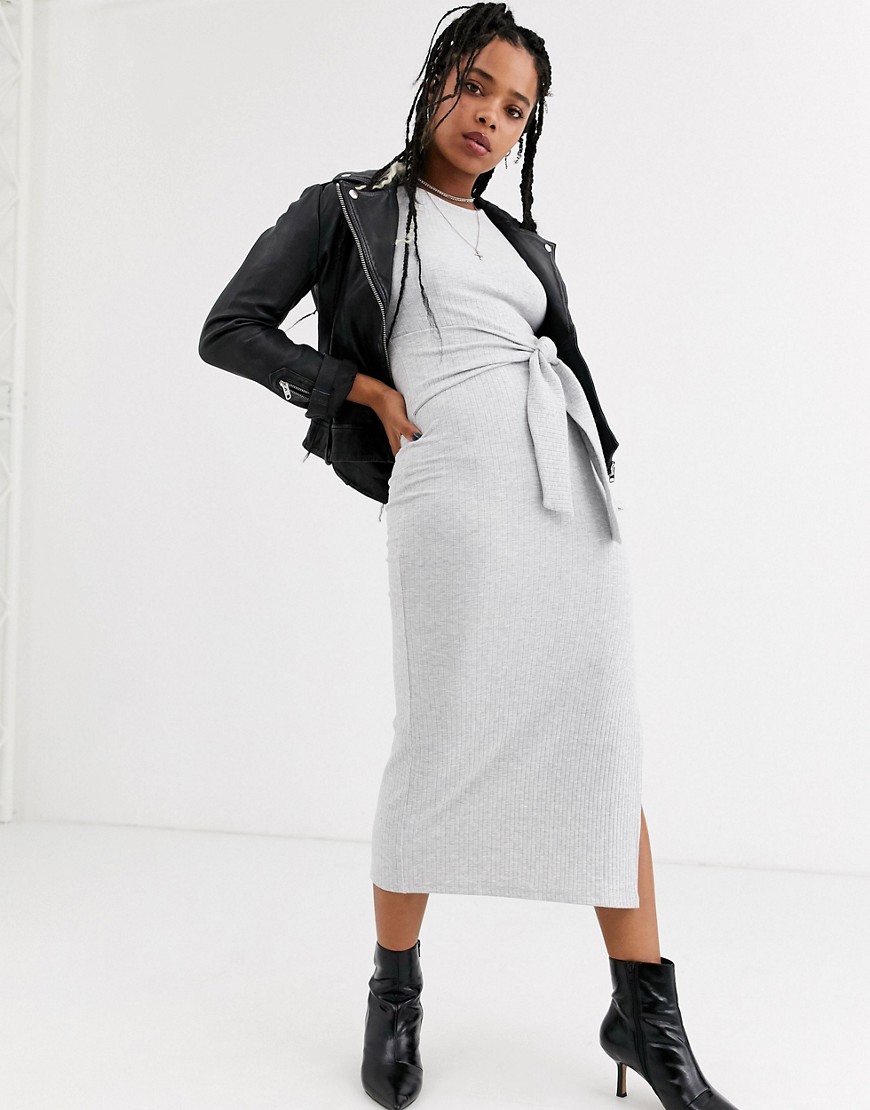 Topshop - grå strikket kjole med bindeknude