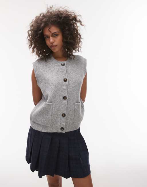 Topshop - Grå strikket oversized vest med lommer og rund hals, 4 af 4
