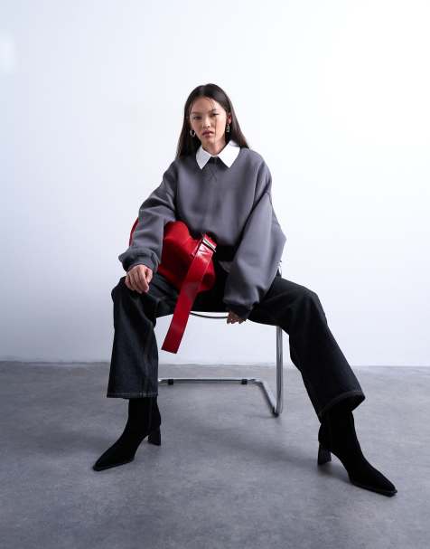 Topshop – Grå sweatshirt i scubaliknande tyg och oversize med markerad midja - view 1