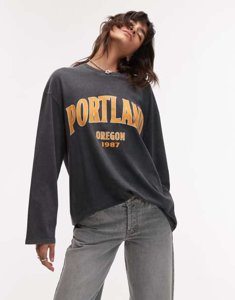 Topshop – Grå t-shirt i skaterstil med långa ärmar och Portland-tryck - view 1