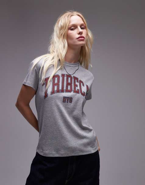 Topshop – Grå t-shirt med boxig passform och Tribeca-tryck - view 1