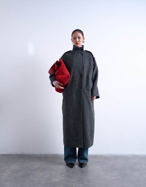 Topshop – Grå, uppklädd, lång bilrock med ståkrage - view 1